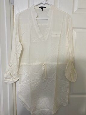 White V-Neck Drawstring Tunic Top